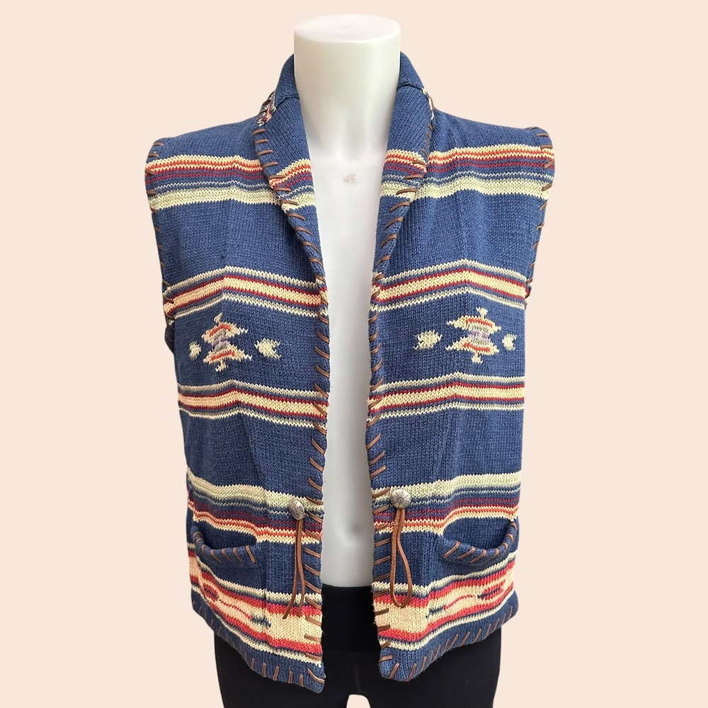 Ralph Lauren Vintage Hand Knit Aztec Multicolored Vest Leather Stitched sz L